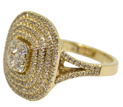 A brilliant golden ring, covered in a collection of stunning diamonds.