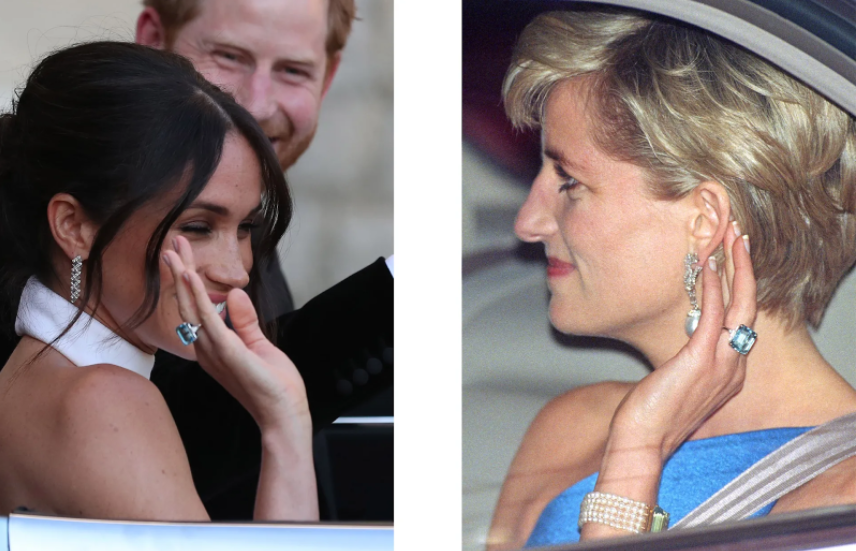 Meghan Markle wearing Diana's famous Post-Divorce Aquamarine Ring
