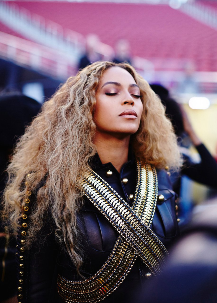 Beyoncé wearing a bullet laden jacket for Superbowl 50