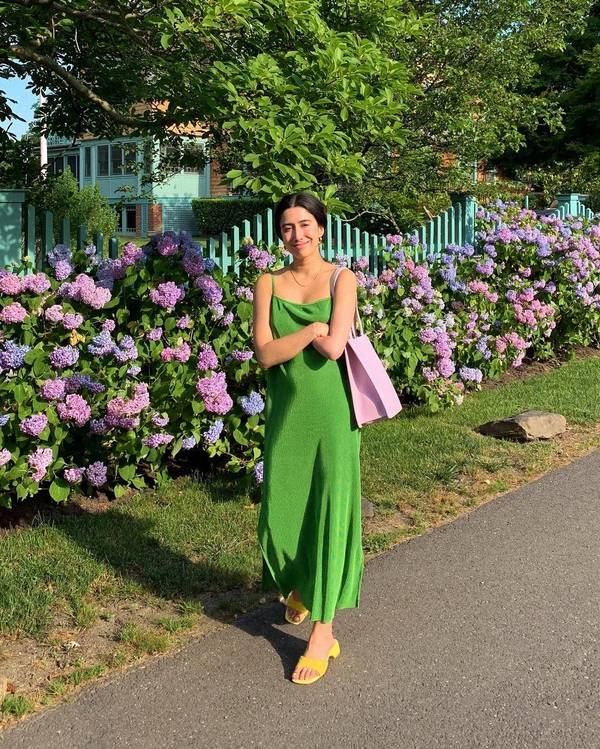 A green slip dress is a brilliant outfit for Spring