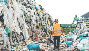 Person in safety vest and hard hat stands near a large pile of plastic waste.