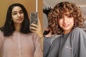 Two-panel view: person with straight dark hair, then with curly light brown hair, holding a hair dryer.