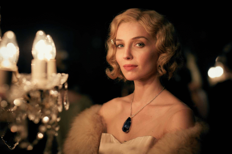 Person in strapless dress with fur stole and pendant, looking at the viewer.