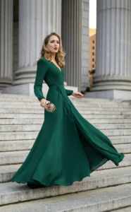 Person in a long-sleeved green dress stands on stone steps, holding a clutch.